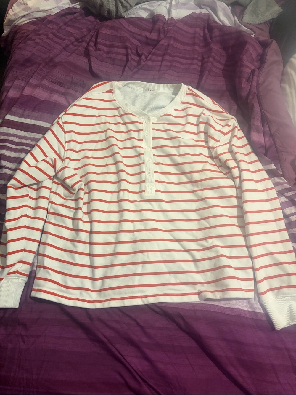 White & Red Striped Henley Long Sleeve Top